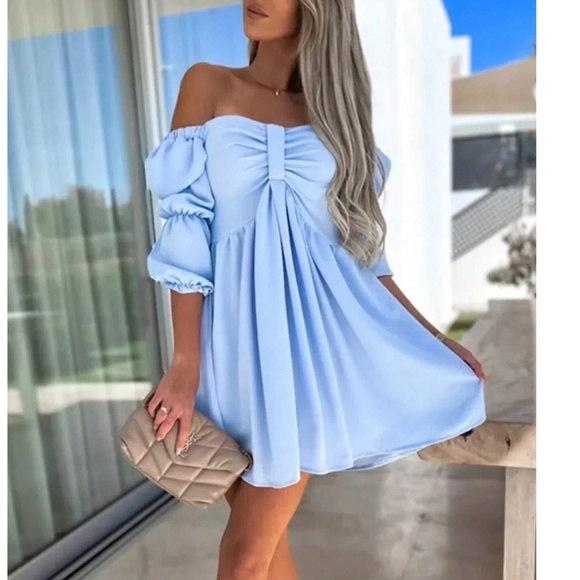 Boho Baby Blue Off Shoulder Balloon Sleeve Mini Dress - Picture 3 of 3